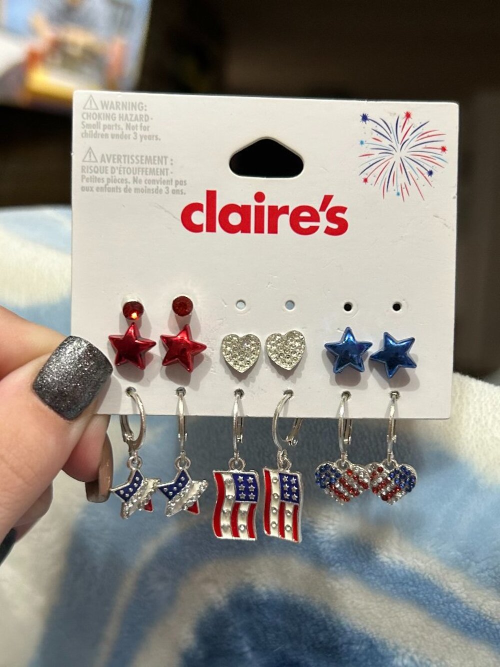 Claire's Patriotic Americana Earrings Set – 7 Pairs Red White Blue Stars Flags